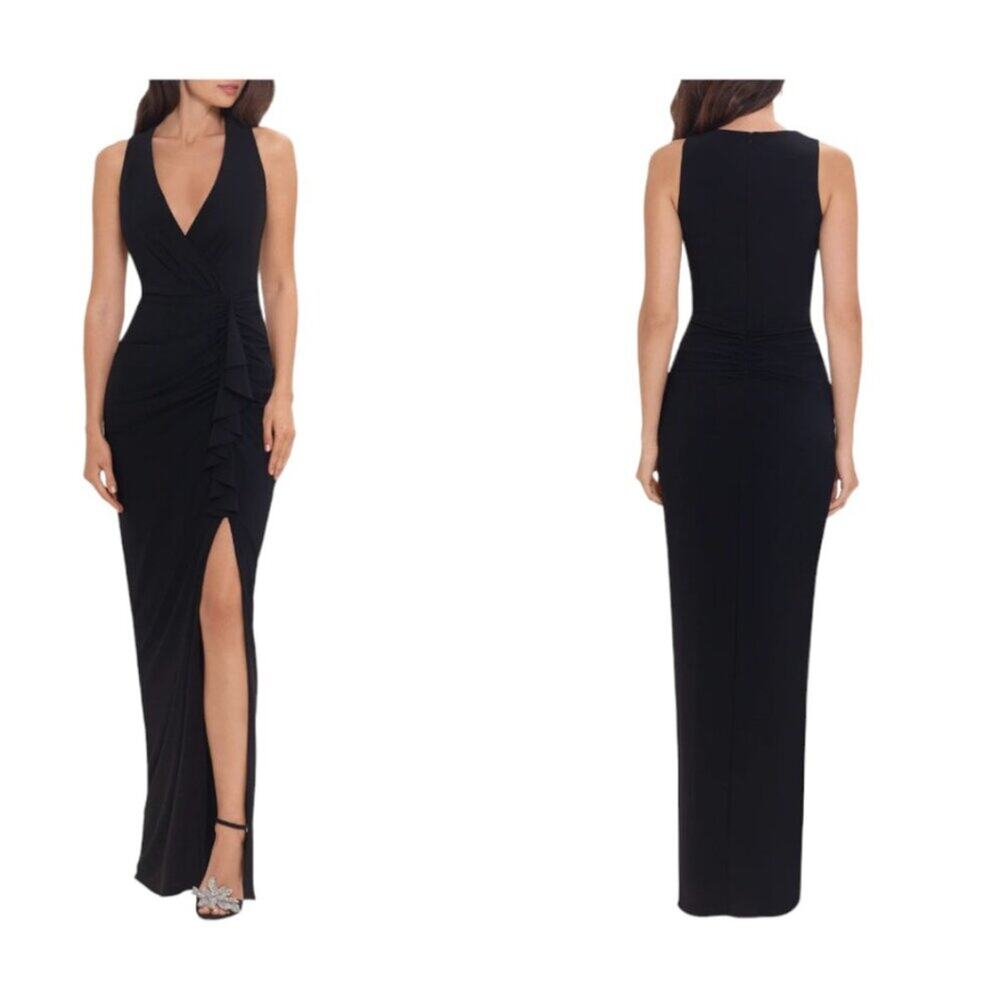 Betsy & Adam Ruched Ruffle Column Gown Black Size 4 NWOT $199 MSRP